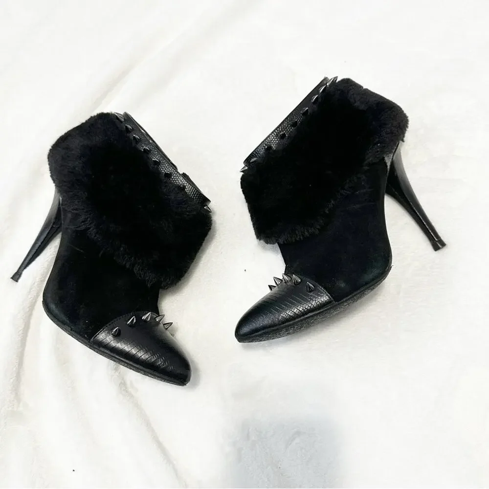 ABS Allen Schwartz Black Studded Ankle Boots fur heeled booties spiked size 8